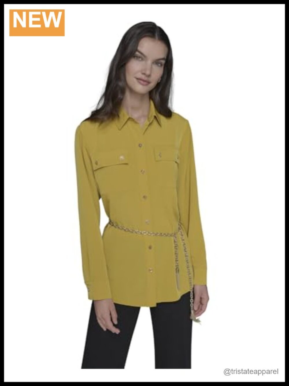 Oversized Blouse with Chain Belt Button Down Long Sleeve 100% Polyester